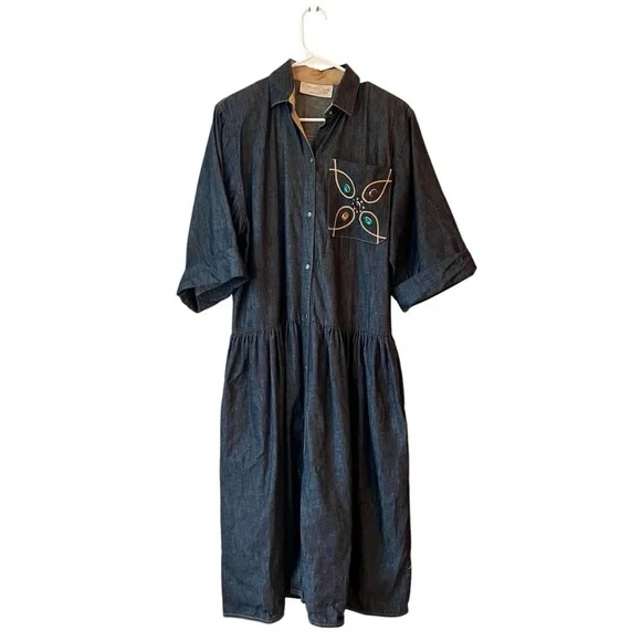 Oscar de la Renta for SWIRL Made USA 🇺🇸 Black Denim Shirt Dress Size M Vintage - Picture 2 of 13
